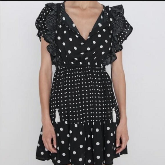 ZARA Contrasting polka-dot Ruffle mini Dress Black🎁 - Picture 4 of 5